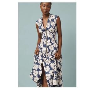 Anthropologie The Tommie Zip-Front Midi Dress Size S Blue Flora V Neck